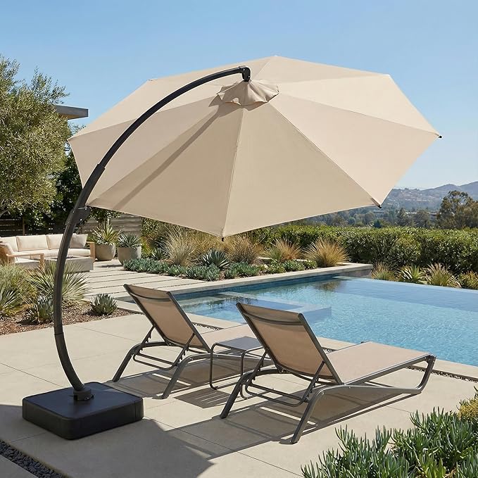 Kingdura 11ft Offset Cantilever Patio Umbrella with Base Included, Large Round Aluminum Outdoor Umbrella, 360° Rotation & Infinite Tilt, Heavy Duty Frame for Deck Pool Backyard, Beige