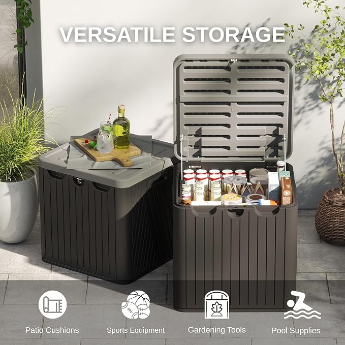 60 Gallon Outdoor Storage Box, Waterproof Patio Deck Box with Lockable Lid, Heavy-Duty HDPE Bench for Garden Tools, Cushions (Black, 60 Gallon)