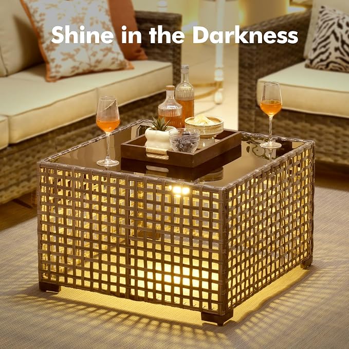 4-Piece Outdoor Patio Furniture Set,All Weather Wicker Rattan Patio Seating Sofa and Chair Set with Glowing Coffee Table,Outdoor Conversation Sets with 3 Seater Couch for Porch Deck Yard,Beige
