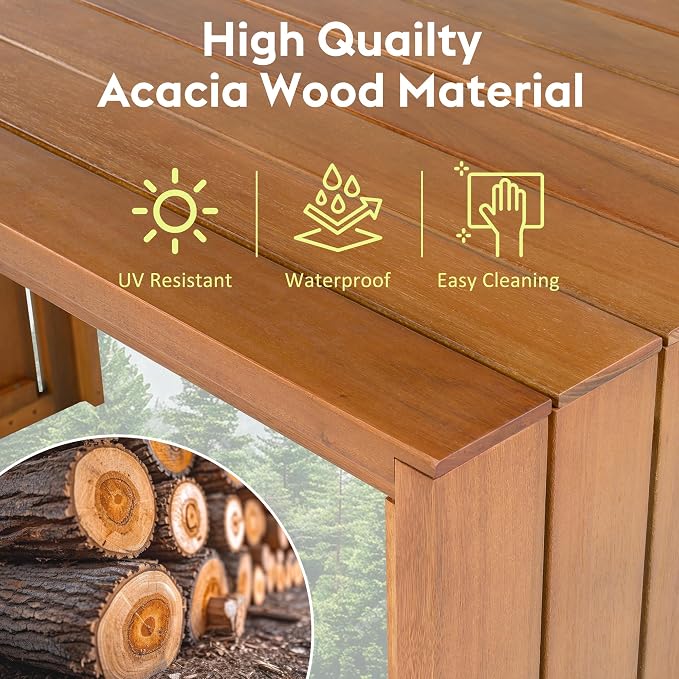 5 Piece Outdoor Bar Set, Patio Acacia Wood Bar Height Table & Four Stools with Cushions, Poolside, Backyard Furniture for Stylish Entertaining