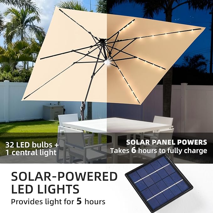 JZAC & QZYD 9x9 FT Outdoor Cantilever Patio Umbrella with Solar LED Lights, Large Heavy Duty 2-Tier Canopy Square Aluminum Offset Umbrellas with 360-Degree Rotation for Pool Deck Backyard, Beige
