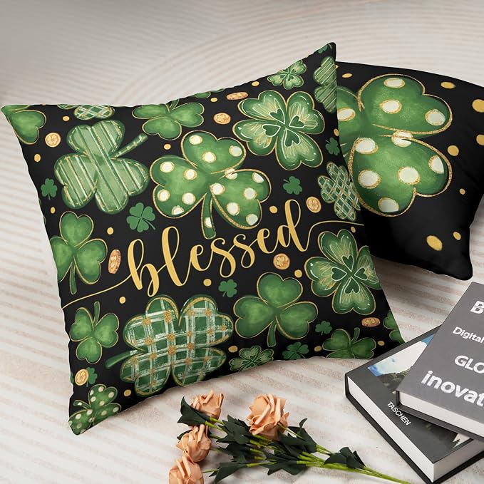 St Patricks Day Pillow Covers Lucky Blessed Pillow Cases Stripes Polka Dots Shamrock Throw Pillow Covers18x18 Set of 2 Green Black March Holiday Cushion Case for Sofa Couch Home Decor