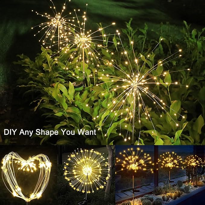 Solar Garden Firework Lights Outdoor Waterproof, 2 Pack 200 LED 8 Lighting Modes Sparklers Solar Twinkling Starburst Lights for Yard Flowerbed Pathway Fence Decorations, Warm White, Copper Wire
