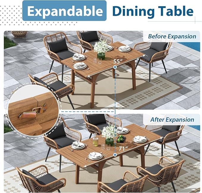 JOIVI Outdoor Dining Set for 6, 7-Piece Patio Table and Chairs Set, Patio Outdoor Furniture Set with Extendable Dining Table for Porch, Deck, Bistro, Backyard, Garden, Black
