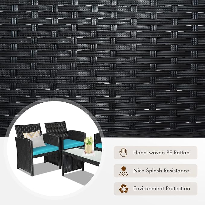 Goplus Rattan Patio Furniture Set 4 Pieces, Outdoor Wicker Conversation Sofa and Table Set with Soft Cushions & Tempered Glass Coffee Table for Balcony Garden Backyard (Turquoise)
