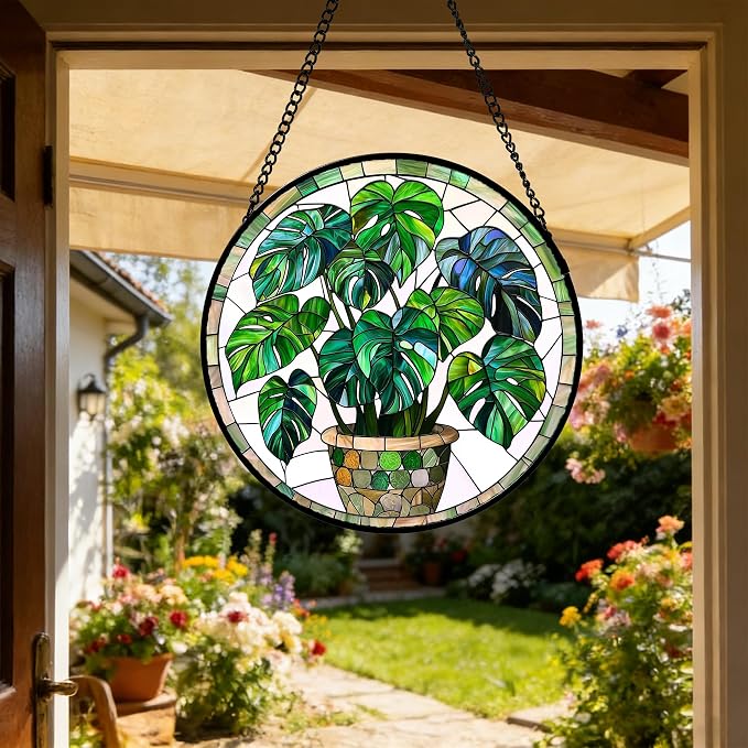 DASTOLL Stained Glass Window Hanging, Green Plant Monstera t Suncatcher Diamond Colorful Glass Panel Sun Catchers Decor for Birthday for Women, Men, Wife, Aunt, and Mom 6.3 in