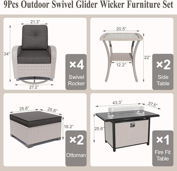 9-Piece Patio Furniture Set, Outdoor Swivel Rocking Chairs Set with 55,000 BTU Fire Pit Table,All Weather Conversation Set for Porch Poolside Balcony