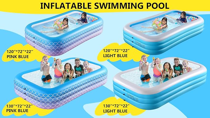 2025 Upgrade Inflatable Pool for Kids and Adults-130"*72"*22" Full-Sized Inflatable Swimming Pool Leakproof Blow Up Above Ground for Backyard Outdoor Garden Summer Water Party Pink