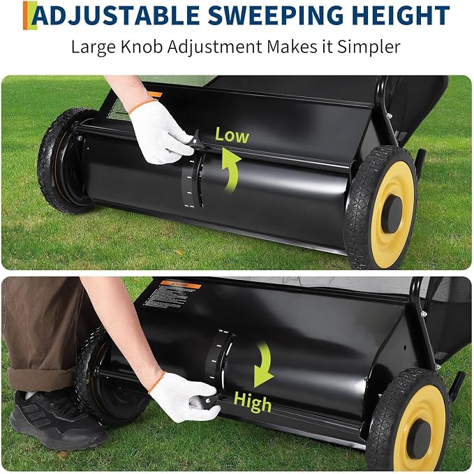Takywep 26-Inch Push Lawn Sweeper, Anti-Rust Steel Frame, 4 High-Density Brushes, Adjustable Height, 7 Cu.Ft Collection Bag, Black with Wheel Covers & Yellow Crossbar for Yard Debris