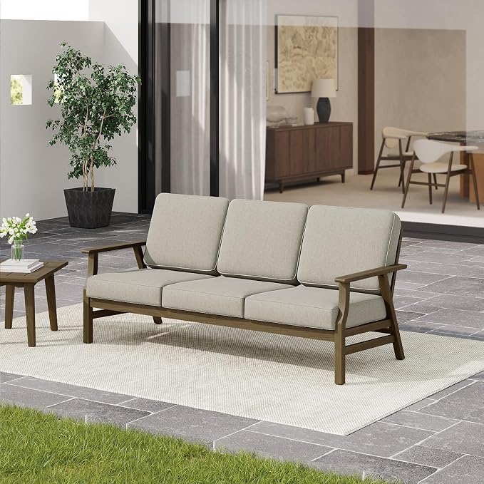 3 Pieces Patio Furniture Sets, Teak Wood Outdoor Sectional Furniture with Coffee Table, 5 Seats Patio Sofa Couch Conversation Set for Backyard Deck - Light Camel