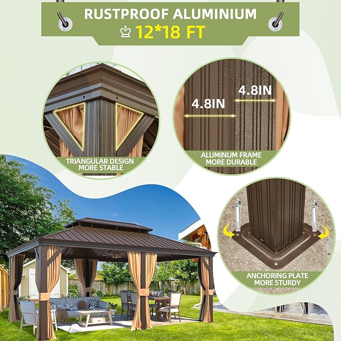 YOLENY 12'x18' Hardtop Gazebo,Galvanized Steel Metal Double Roof Gazebos with Curtain and Netting, Brown Permanent Pavilion Canopy with Aluminum Frame for Patios,Gardens,Lawns
