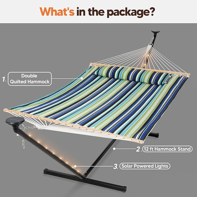 SUNCREAT Hammocks Stand Alone Hammock with Solar Powered Lights, Portable Standing Hammock, Green