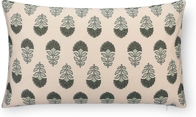 Crumbs Home Modern Farmhouse California Casual Indoor Outdoor Lumbar Pillow Cover, 12"x20" Water Repellent for Patio, Backyard, Couch, Poolside, Earth Tone Olive Green Neutral Block Print Flowers