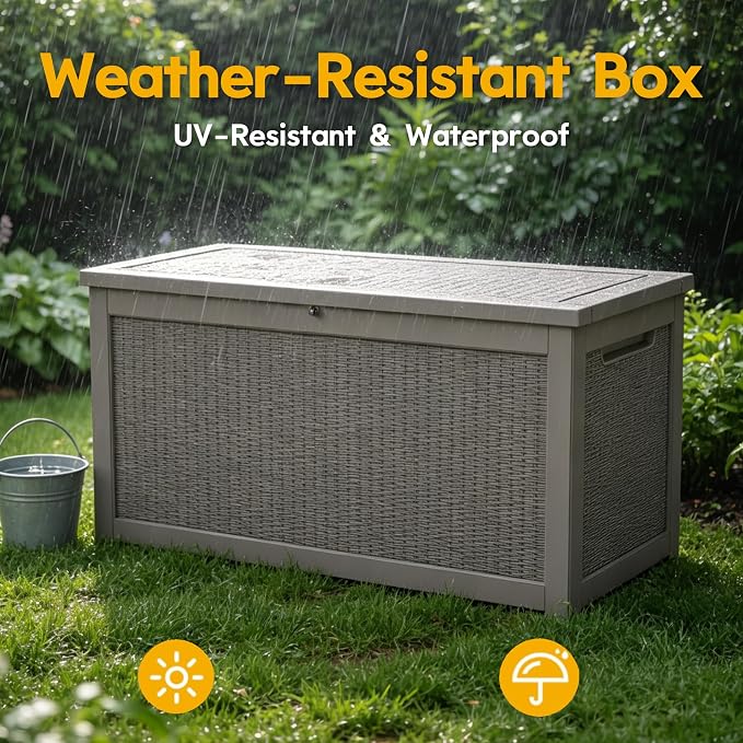 LAUSAINT HOME 280 Gallon Colossal Resin Deck Box with Hydraulic Pistons - Grand Estate Size Waterproof Outdoor Storage Bench, Lockable Patio Furniture Locker for Pool and Backyard (Light Brown)