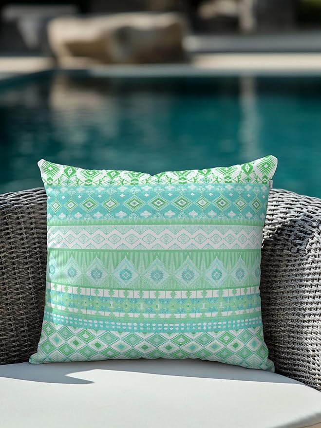Waterproof Outdoor Pillow 1 Pack Teal Green Bohemian Decorative Throw Pillows Cover & Insert 16x16 Inch Pillowcase Boho Style Floral Leaves Geometric Pillows for Couch Sofa Bed Patio Furniture