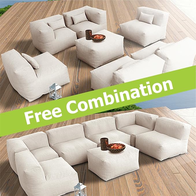 Patio Furniture Set Bean Bag Outdoor Chairs Sectional Conversation Patio Set Daybed Furniture Outdoor Sofa Couch High Density Foam Filling Modern Comfy Patio Couch (Light Beige), A01-7G