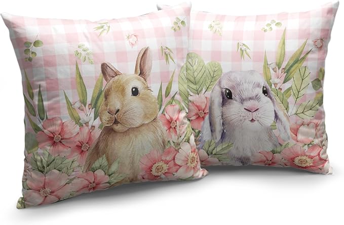 Easter Bunny Pillow Covers 22x22 Set of 2 Spring Floral Decorative Pillowcase Cute Rabbit Cotton Linen Cushion Case Pink Plaid Throw Pillow Covers for Sofa Patio Outdoor