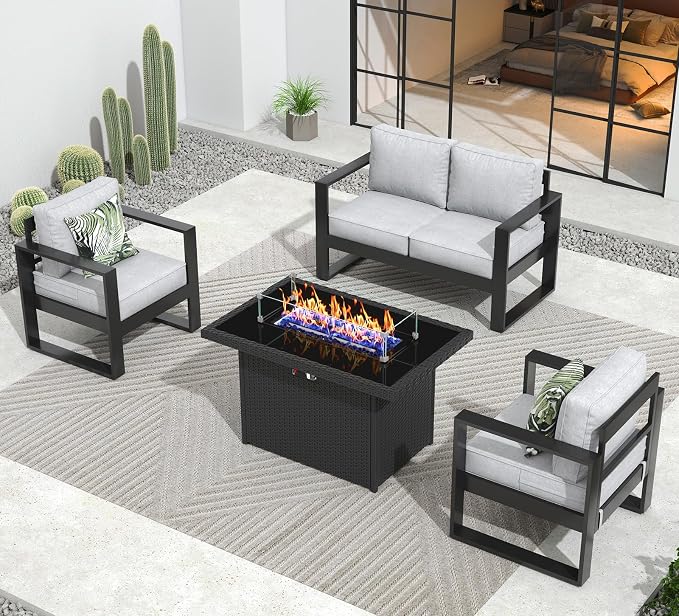 Outdoor Aluminum Furniture Set with Fire Pit Table - 4 Pieces Modern Patio Conversation Sets Metal Sectional Sofa Set