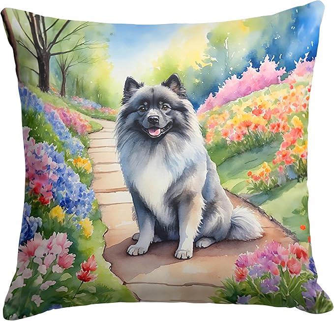 Caroline's Treasures Keeshond Spring Path Throw Pillow Machine Washable, Indoor Outdoor Decorative Pillow for Couch, Bed or Patio, 14Hx14W