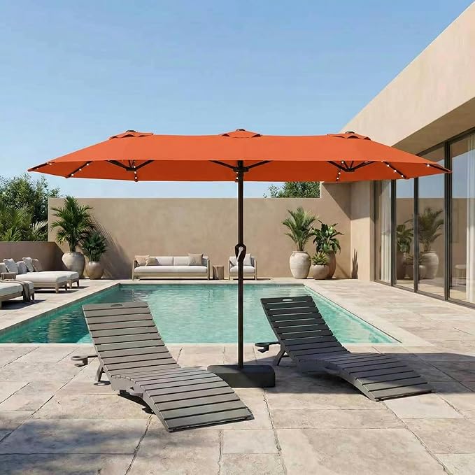 15FT Patio Umbrella with Solar Lights, Double-Sided Extra Large Outdoor Table Umbrella with Base Included, Heavy-Duty 12 Iron Ribs Market Umbrella for Garden, Pool, Backyard, Terracotta