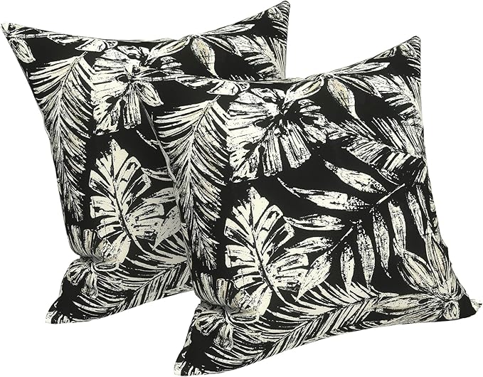 LVTXIII Outdoor Throw Pillows 16x16 Inch, Set of 2 Square Decorative Pillows with Inserts for Patio Furniture, Porch Chair, Garden Sofa, Tropical Leaf Black