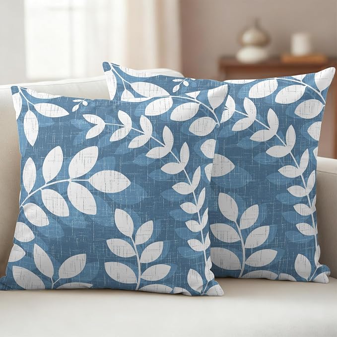 Lake Blue Leaves Outdoor Waterproof Throw Pillow Covers 26x26 Set of 2, Farmhouse Botanical Branch Vintage Boho Leaf Decorative Pillowcases Cushion Pillowcase for Couch Sofa Patio Pillow Protector