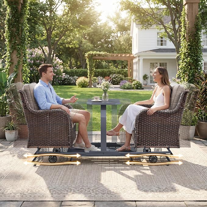 Rilyson Luxury Outdoor Wicker Glider Rocker Chairs for 2 Seats, Patio Wicker Rattan Glider Rocker Chairs with Table, Rocker Chairs Outdoor Furniture Sets for Patio Porch Pool Brown/Beige