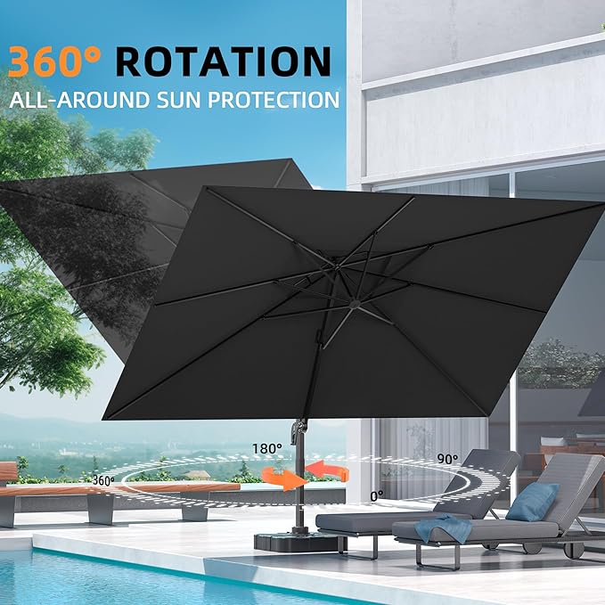 9' X 12' Cantilever Outdoor Patio Umbrellas with Base Included, Large Rectangle Umbrella Heavy Duty 360°Rotation Offset Umbrella for Garden Deck Pool Patio, Black