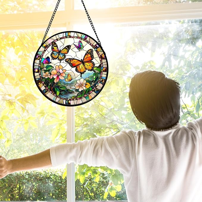 DASTOLL Stained Glass Window Hanging, Butterflies Flying in the Sky Suncatcher for Doors Home Sun Catchers Decoration and Christmas, Mother's Day Birthday Gifts for Women, Men, and Mom 6.3 in