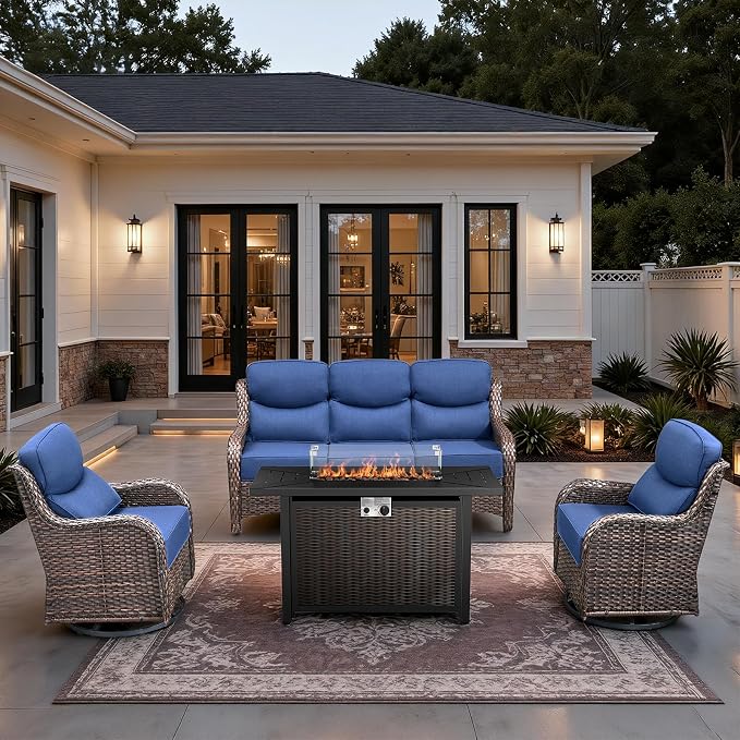 HUMMUH 6 Pieces Patio Furniture Set with Fire Pit High Back Outdoor Furniture Set 6-inch Cushions Wicker Patio Swivel Rocker Chairs for Balcony Garden,Lawn,Deck
