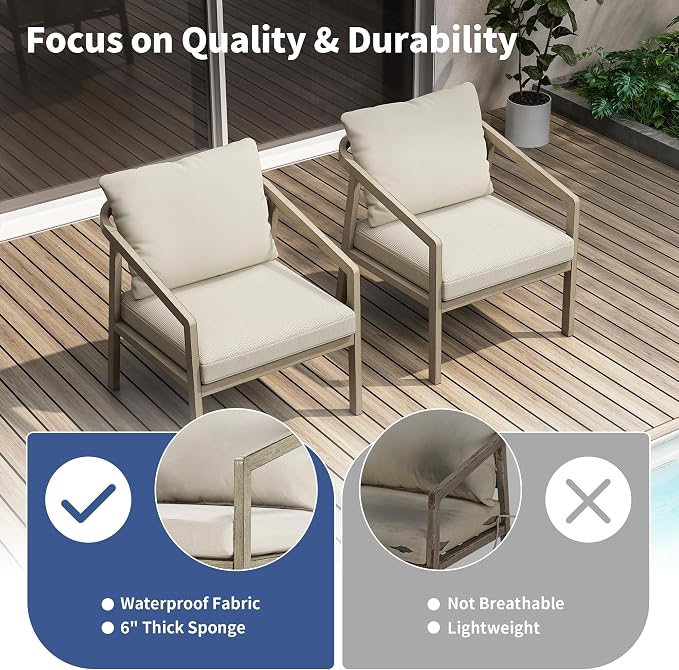 Patio Sofa Chairs Set of 2, Never-Rust Aluminum Outdoor Club Chairs with Washable Thick Cushions, All-Weather Modern Armchair Set for Porch, Deck, Garden, Backyard (Grey+Beige)
