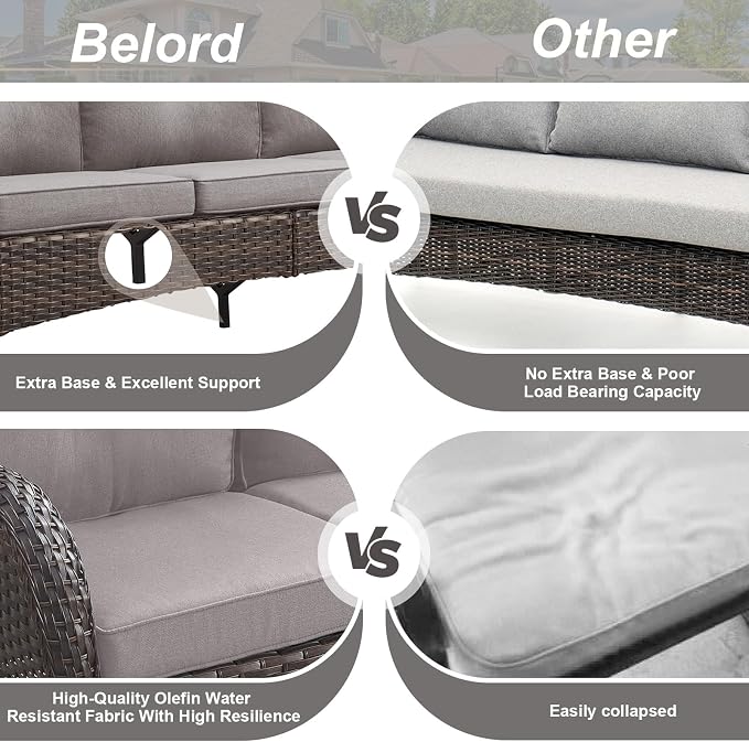 Belord Outdoor Patio Furniture - Wicker Sofa with Removable Cushion, 3 Seater Rattan Couch with Deep Seat, High Backrest, All-Weather for Balcony, Deck, Backyard, Brown/Grey