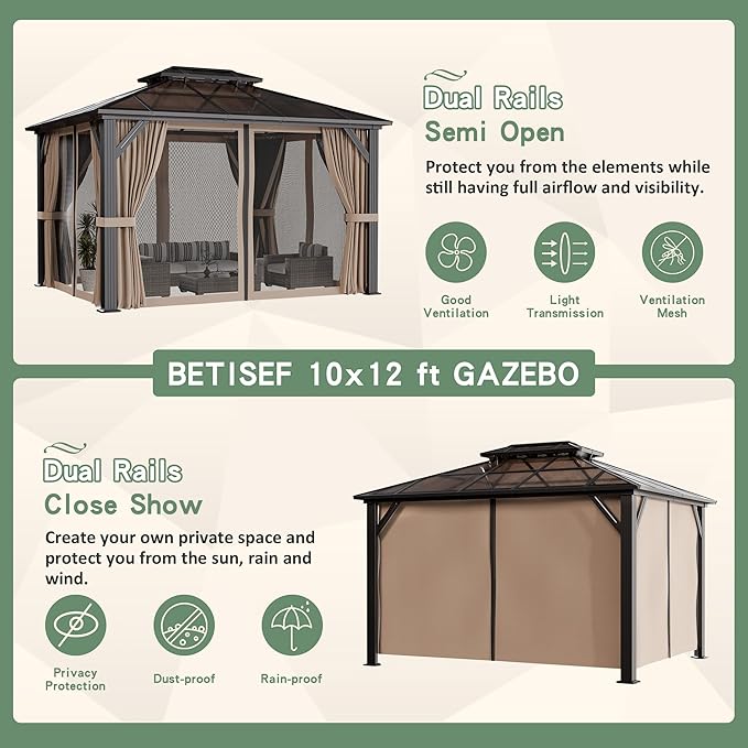 10'x12' Hardtop Gazebo, Outdoor Polycarbonate Roof Canopy, Aluminum Frame Permanent Pavilion with Curtains and Netting, Canopy for Garden, Patio, Lawns