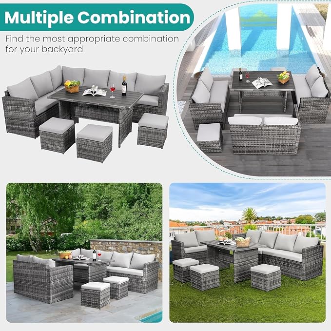 7-Piece Outdoor Patio Furniture Set with Dining Table, Chairs, and Ottoman, Brown Wicker Rattan Conversation Set with Ivory Cushions, All-Weather Patio Furniture for Garden, Porch, Backyard Lounging(G