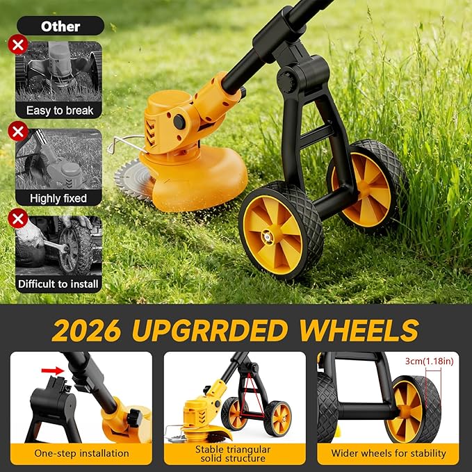 Electric Weed Wacker Cordless with Wheels,Electric Weed Eater Battery Powered,4 in 1 Grass Trimmer/Brush Cutter/Grass Edger/Small Lawn Mower,No String Trimmer with Metal Blade,2 Battery (Yellow)