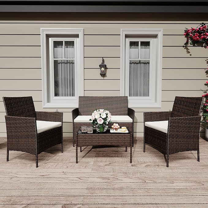 GAOMON 4-Piece Patio Furniture Set, All-Weather Patio Set - PE Wicker Sectional with Tempered Glass Table, Modular Outdoor Furniture for Pool Decks, Brown & Beige