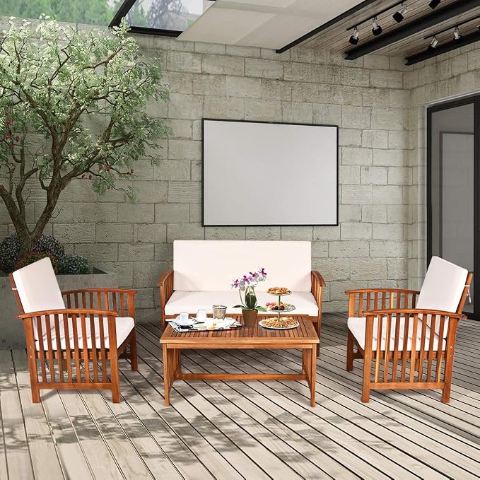 Tangkula Outdoor 8 Pcs Acacia Wood Sofa Set w/Water Resistant Cushions, Padded Patio Seating Chat Set w/Coffee Table for Garden, Backyard, Poolside (2, White)