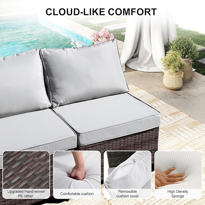 CANMOV 5 Pieces Patio Furniture Sets, All Weather Outdoor Patio Conversation Set, Wicker Sectional Rattan Sofa Couch with Glass Coffee Table and Washable Cushions for Backyard Garden, Porch,Light Grey