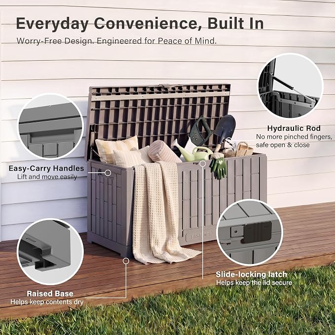 EAST OAK Outdoor Storage Box, 80 Gallon Deck Box, Waterproof Resin Storage Bin for Patio Cushions, Gardening Tools, Lockable, UV Resistant, Grey