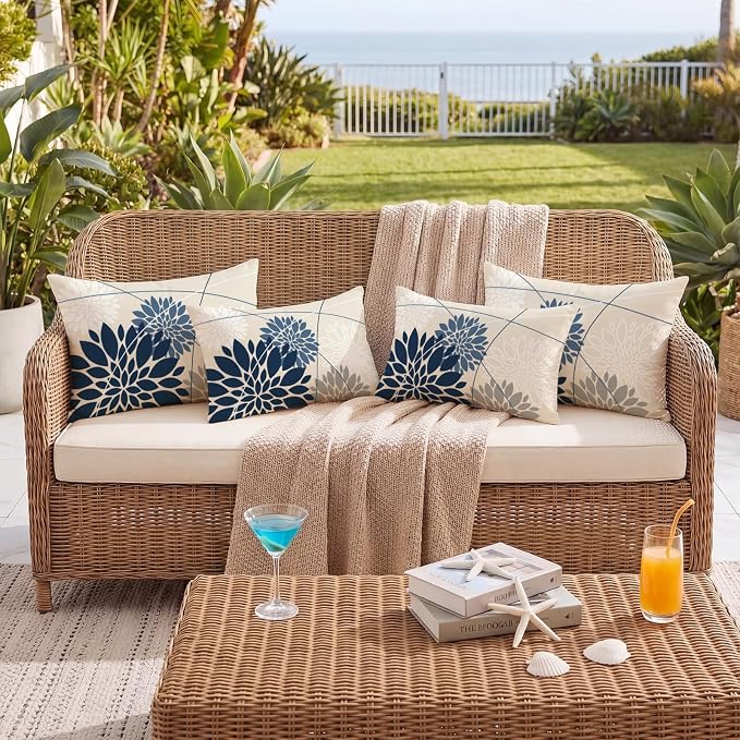 OTOSTAR Outdoor Dark Blue Light Blue Pillow Covers 12x20 Inch Set of 2 White Flower Throw Pillows Farmhouse Geometric Dahlia Floral Lumbar Cushion Case Waterproof Decor for Sofa Patio Funiture Garden