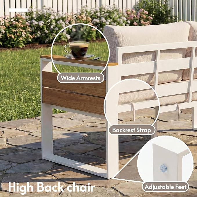 ENSTVER Aluminum Patio Furniture Sets, 5-Seat Outdoor Sofa with Premium Olefin Fabric Cushions & Zero-Maintenance Frame, Patio Sectional Conversation Set for Poolside, Garden