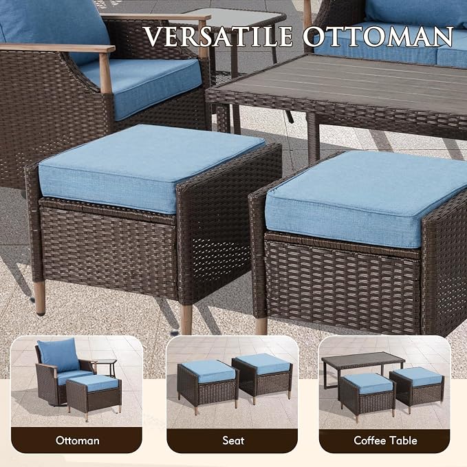 MELLCOM 7 Piece Patio Furniture Set Wicker Patio Conversation Set Rocking Bistro Set with 3 Seater Sofa, Coffee Table, Tempered Glass Side Table and 2 Ottoman, for Backyard Garden Patio (Blue, 7pcs)