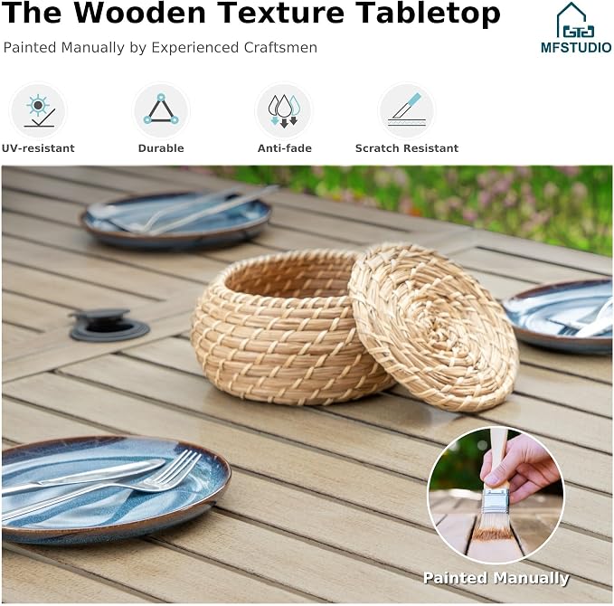 MFSTUDIO Patio Dining Set for 6, Metal Patio Table and Chairs Set with Umbrella Hole, 7 Piece Outdoor Furniture Dining Set for Deck Backyard Garden