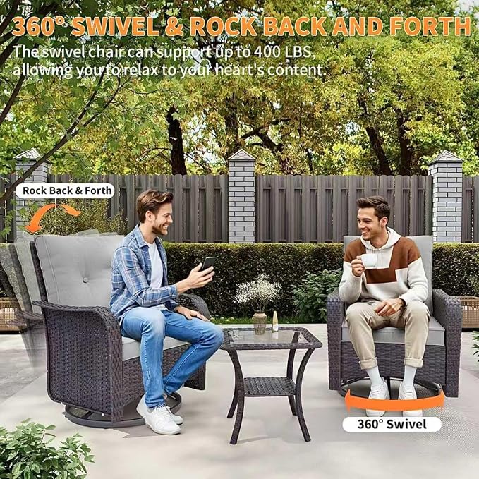 Gotland 11 Pieces Patio Furniture Set with Fire Pit Table Swivel Chairs, PE Rattan Outdoor Furniture with 29.5'' High Backrest 4’’ Thick Cushions, Outdoor Sectional for Porch, Deck, Garden, Grey