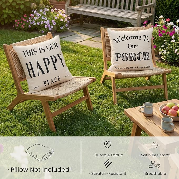 JOJOGOGO Welcome to Our Porch Outdoor Pillow Covers Waterproof 18x18 Set of 2, Decorative Farmhouse Outdoor Throw Pillows 18 x 18, Back Porch Decor Patio Furniture Pillows (This is Our Happy Place)