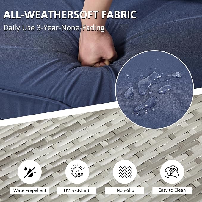 ANJ 7 Piece Outdoor Wicker Patio Furniture Set, Modular Loveseat Sofa with with Glass Top Coffee Table, All-Weather Rattan Conversation Couch Set for Balcony, Backyard, Light Grey Wicker-Blue