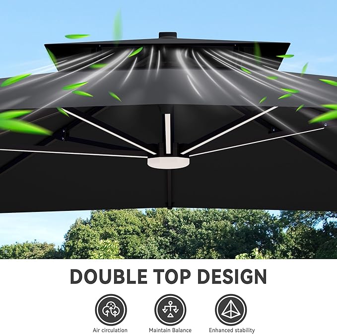 10x13 FT Cantilever Patio Umbrella with Base and Led Lights Double Top Outdoor Rectangular Large Heavy Duty Aluminum Offset Umbrellas with 7 Level Tilt 360-degree Rotation for Pool Garden Deck, Grey