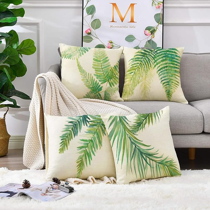 Green Outdoor Pillow Covers Leaf Plant Throw Pillow Case Outdoor Waterproof Tropical Garden Cushions 18x18 Inch Set of 4 Patio Furniture Pillows Decorative for Home Sofa Couch