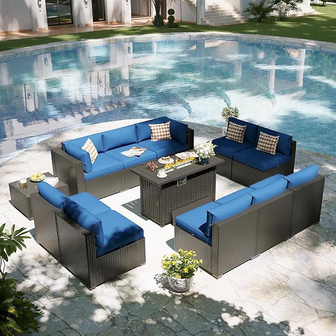 Aoxun Patio Furniture Set with Fire Pit Table, 12 Piece Outdoor Sectional Set, 10 Seats Wicker Rattan Outdoor Furniture with Thickened Cushion for Backyard, Garden Navy Blue