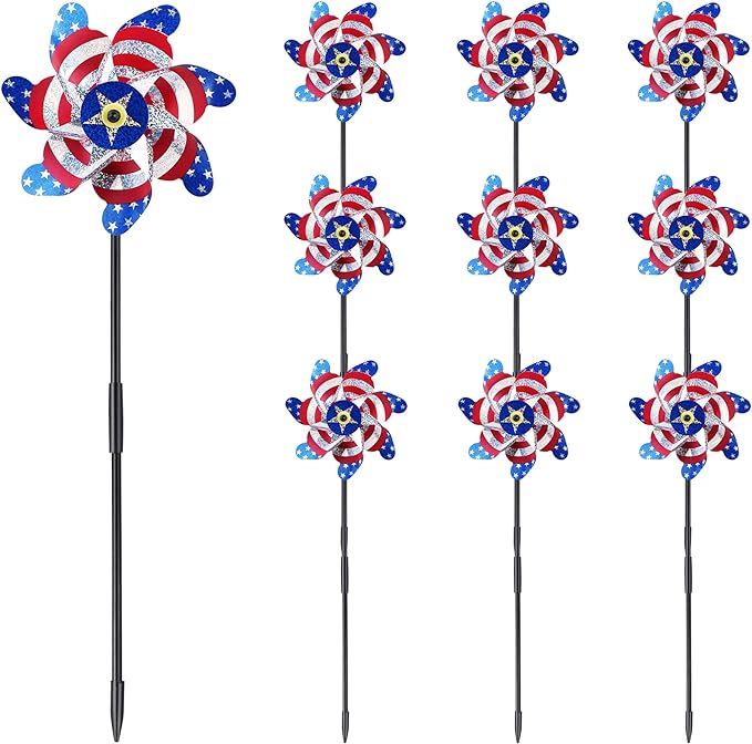 BATTIFE Preassembled Reflective Pinwheels for Yard, American Flag, 10 Pack | Sparkly Reflective Material Spinner, Spins Best in Steady Wind, Animal-Deterrent Results Vary by Placement and Conditions
